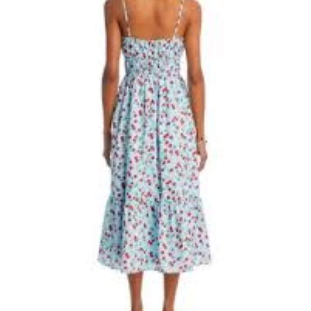 Aqua Mint Blue Floral Smocked Midi Dress